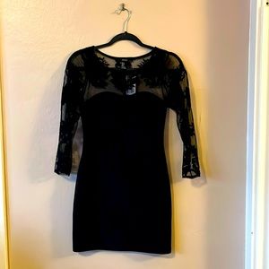 NWT Forever 21 Black Lace Mesh Long Sleeve Body-con Dress S